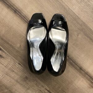 BCBGeneration Black Patent Square-Toe Peep-Toe Heels